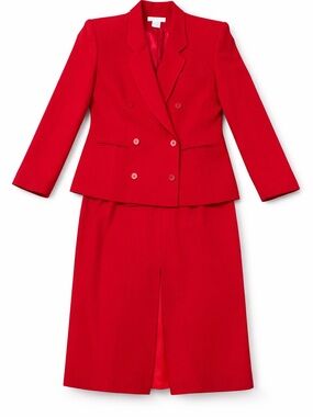 Chaus Red 100% Wool Skirt Suit Size 14 Midi Pencil Career Set